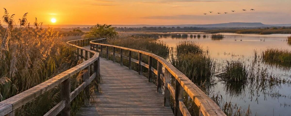 Pasarela de madera entre carrizales de un humedal al amanecer