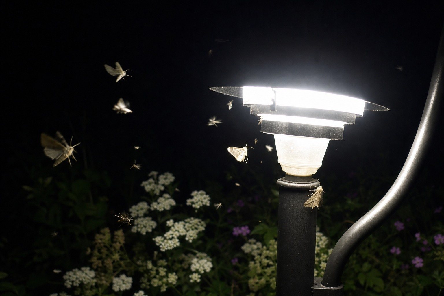 Polillas y otros insectos nocturnos revoloteando alrededor de una lámpara exterior blanca y deslumbrante.