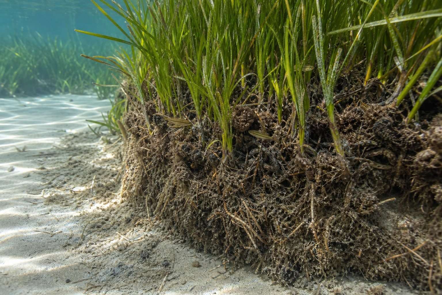 Borde natural de una pradera de posidonia que deja ver hojas, rizomas, raíces y sedimento acumulado bajo el agua.
