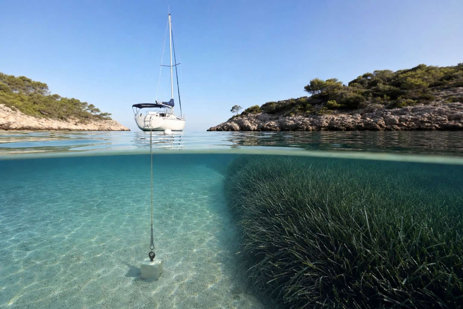 Velero amarrado a una boya de bajo impacto sobre arena, a varios metros de una pradera de posidonia intacta.