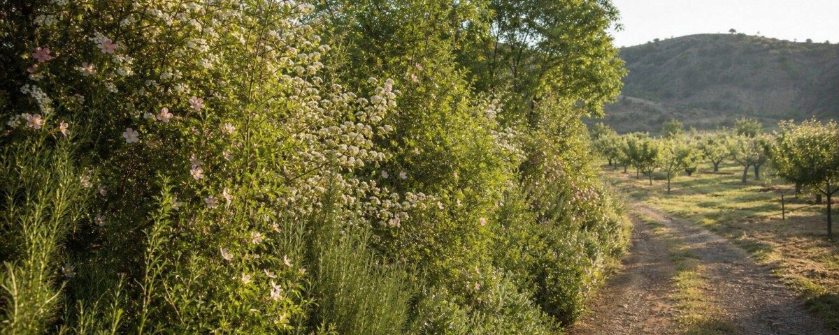 Seto vivo mixto y florido que recorre el borde de un pequeño huerto de frutales en un paisaje ibérico.