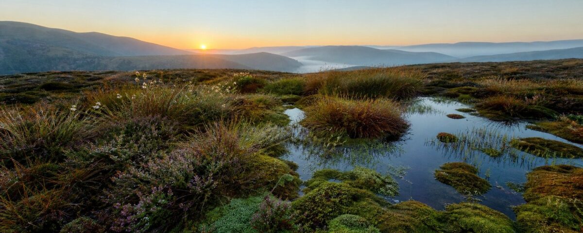 Turbera de montaña al amanecer con musgos, cárices y pequeñas láminas de agua entre la vegetación.