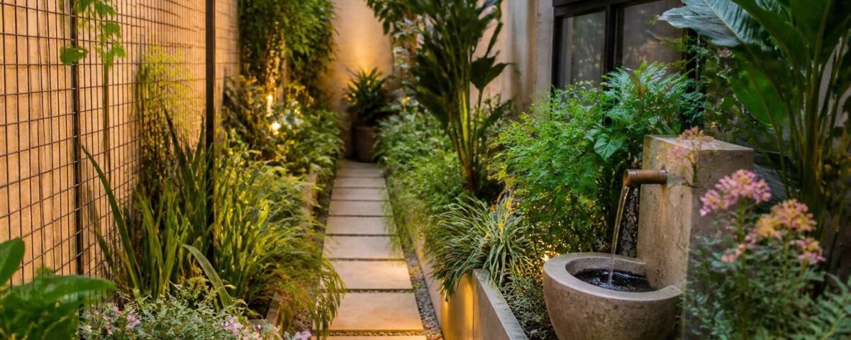 Patio estrecho con una secuencia continua de macetas, flores y un bebedero para aves